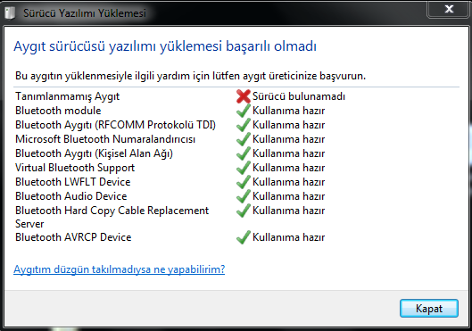 Bluetooth yükleme,bilinmeyen aygıt hatası