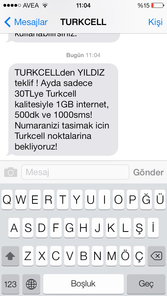  Turkcell 500dk+1000sms+1gb internet 30tl