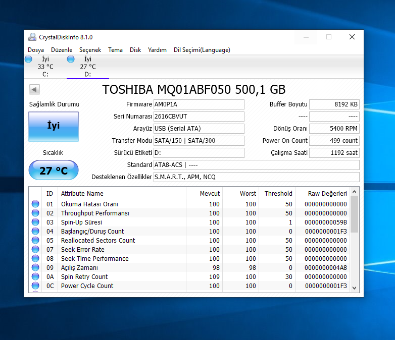 [SATILDI] Toshiba 2,5" 500GB HDD 89TL