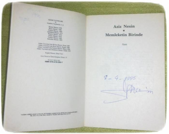  SATILIK Orjinal Aziz Nesin imzalı Memleketin Birinde Kitabı