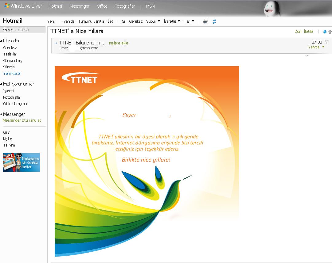  TTNET mail göndermiş teşekkür ediyor