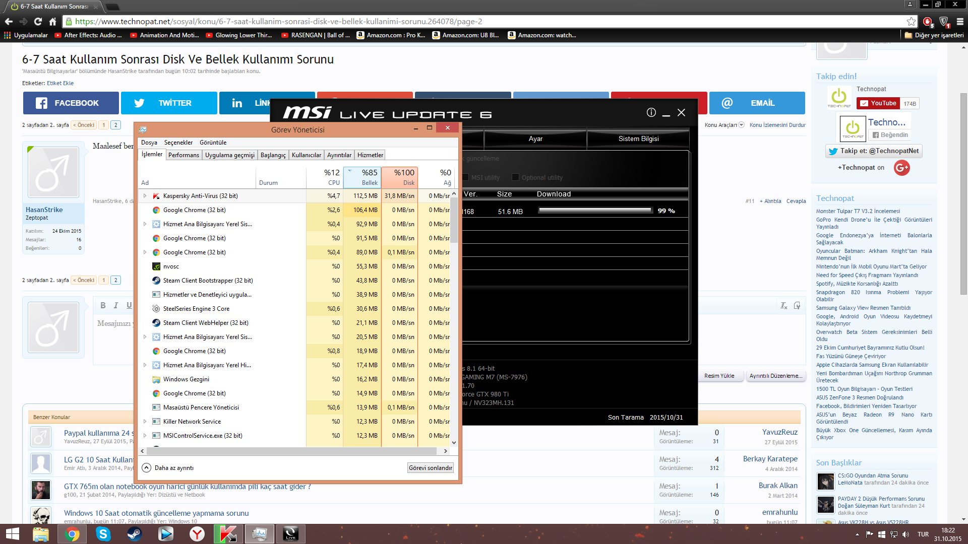  GTX 980 TI I5 6600K Sistem Bellek Ve Disk Kullanımı Sorunu