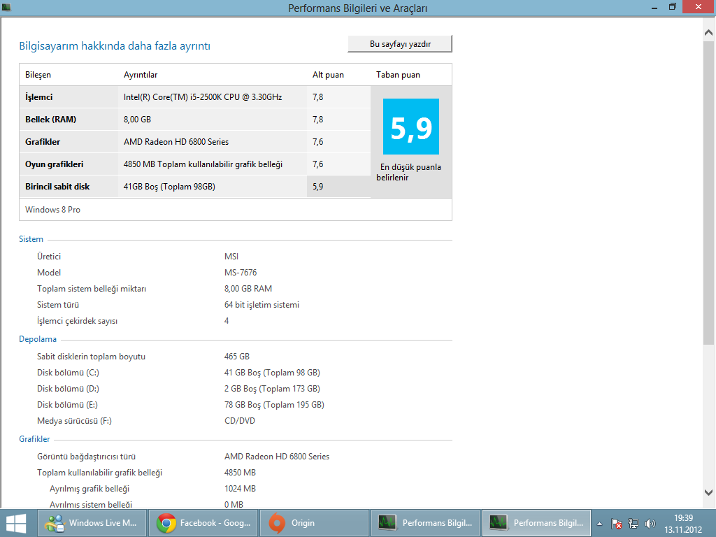  Windows 8 De Sisteminizin Aldığı Puan Kaç?