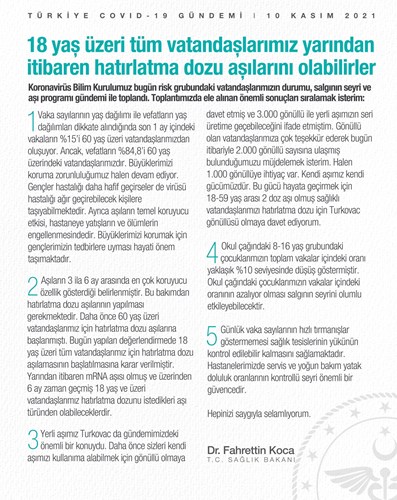 18 yaşından büyük herkes yarından itibaren hatırlatma dozu aşısını yaptırabilecek