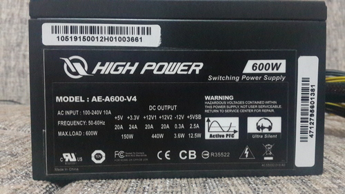  Satıldı | HIGH POWER 600W PSU MODEL: AE-A600-V4