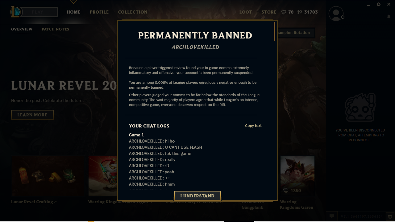 Permanently Banned Archlovekilled