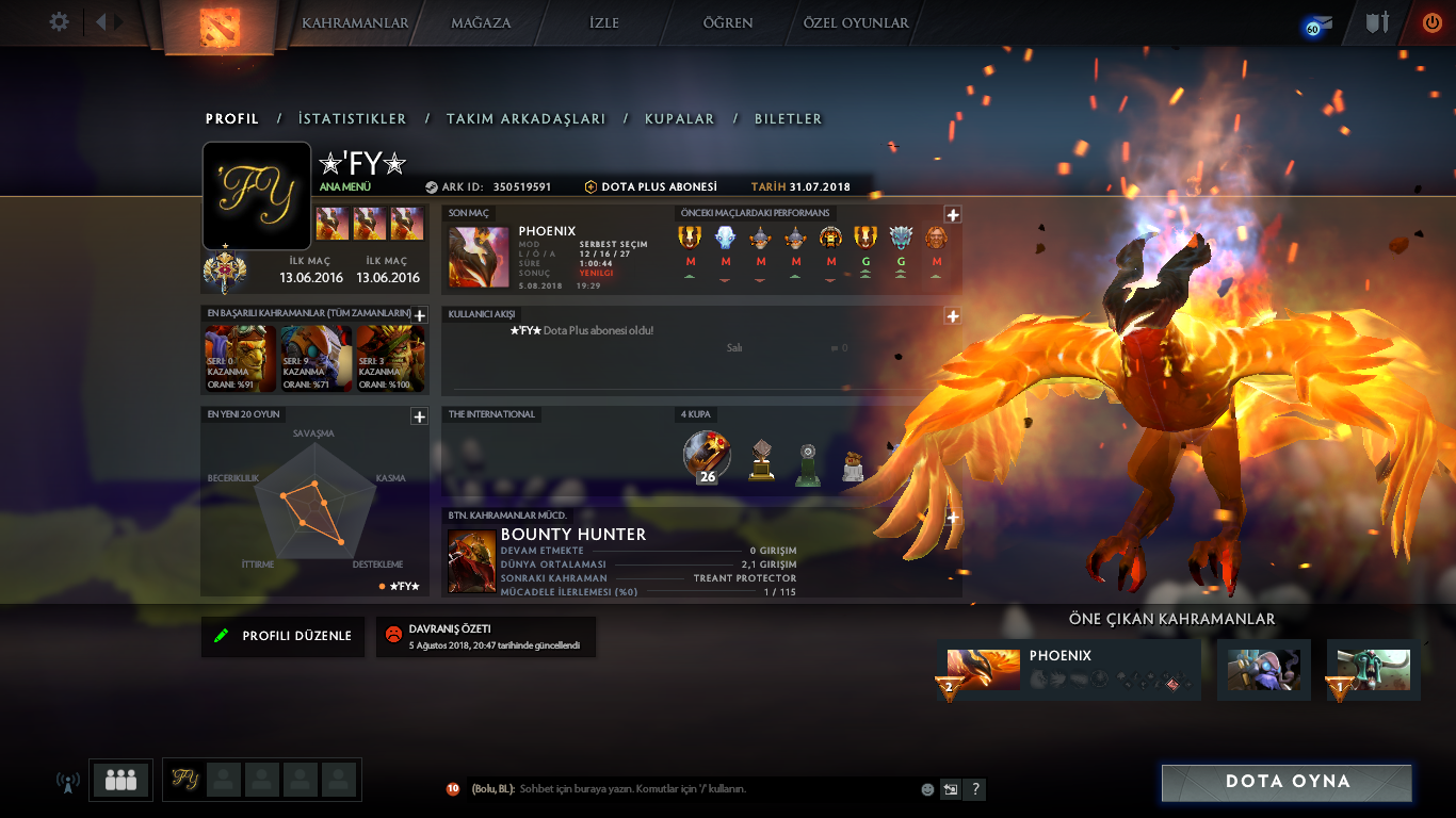 Satılık Hesap / Legend 1 / 2750 Solo / 7 TBD Parti / 1 Ay Dota 2 Plus / 25TL