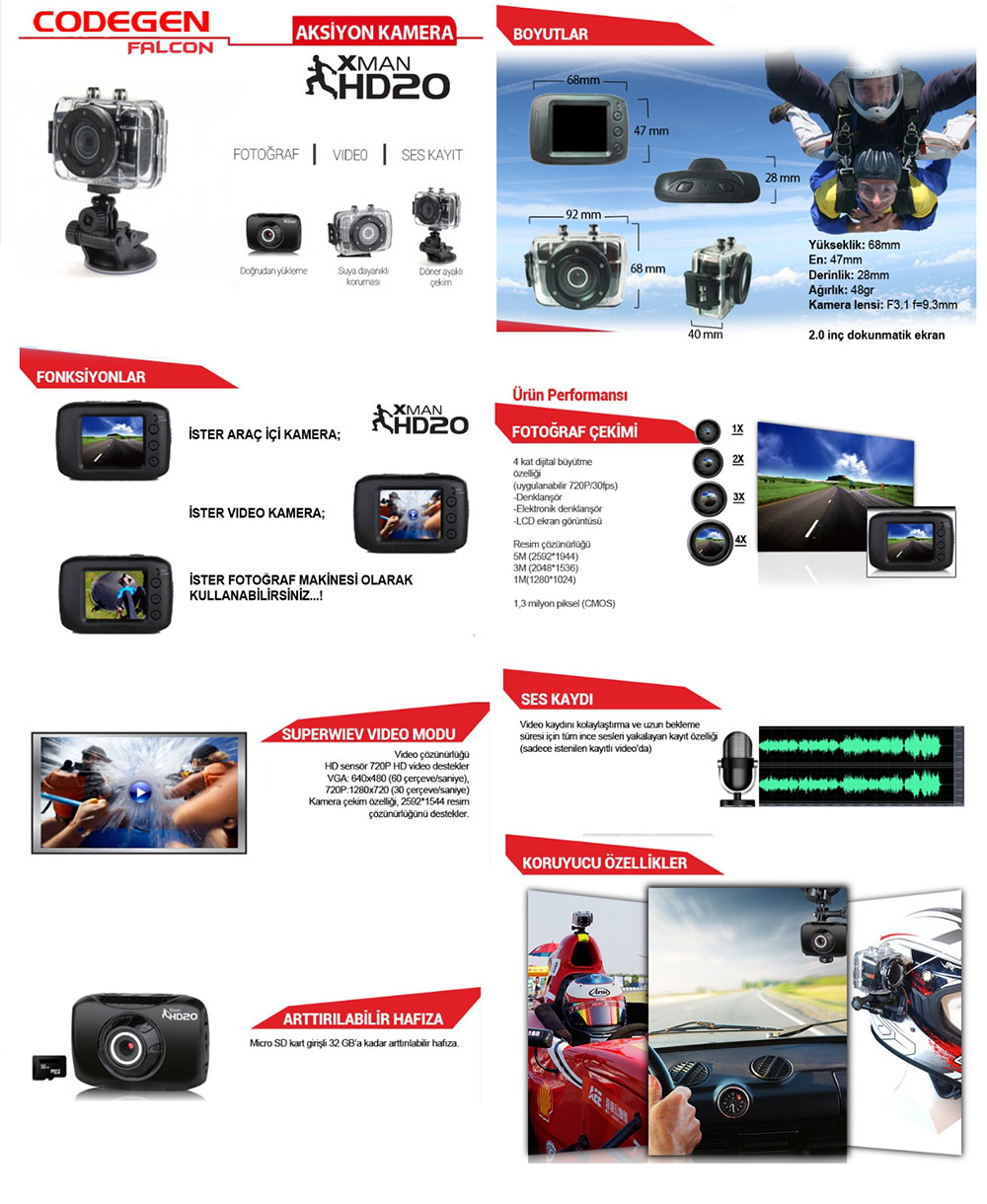 Codegen Falcon Xman HD20 Aksiyon ve Araç Kamerası (HEDİYELİ)