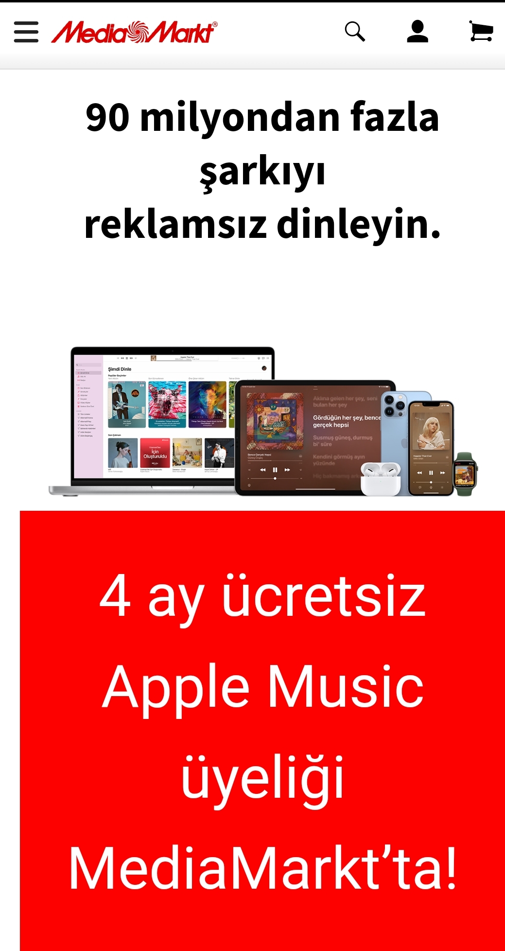 4 ay ücretsiz Apple Müzik üyeliği MediaMarkt'ta! Hemen web