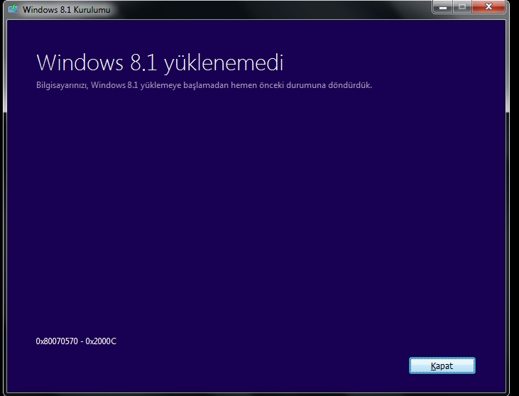  Windows 8.1 kurulumdaki 0x80070570-0x2000c hatası
