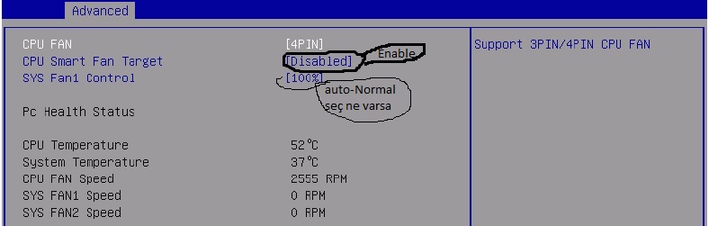  CPU fan bağlantısı