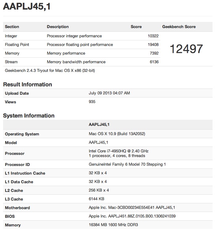 15 inçlik, Haswell'li yeni MacBook Pro, Geekbench testinde ortaya çıktı
