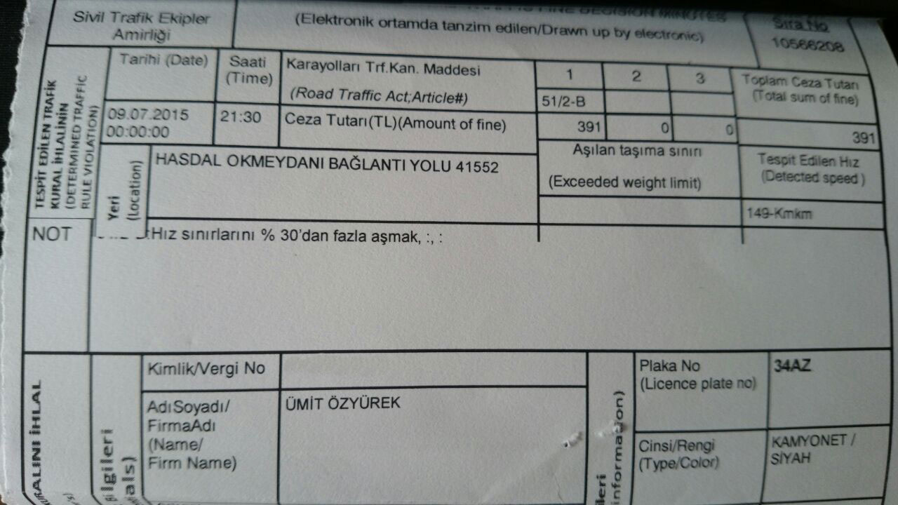  Kartal Sahil Yolu 558 Hız Cezası