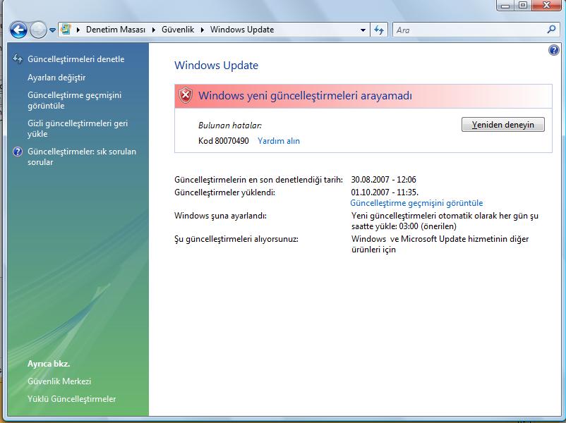  Windows Vista Update hatası (80070490)