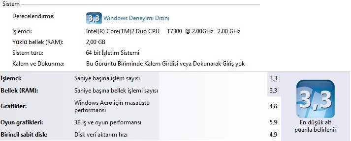  windows 7 64 bit işlemci ve ram puanı sorunu