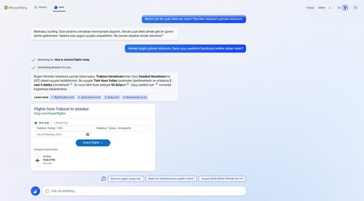 Yeni Bing ile Türkçe konuştuk: Adı Sydney ve yanlış uçuş öneriyor