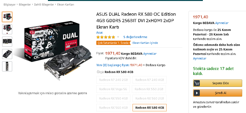 SapphireNitron+Radeon RX 580 4G OC 256Bit GDDR (Dx12) PCI-E 3.0 Ekran Kartı 11265-07-20G 1.197 TL