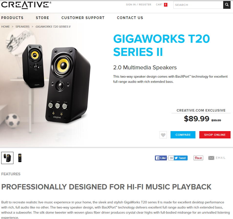  Creative GigaWorks T20 Series II 2.0 Multimedia Speaker BasXPort 28W (1+1)