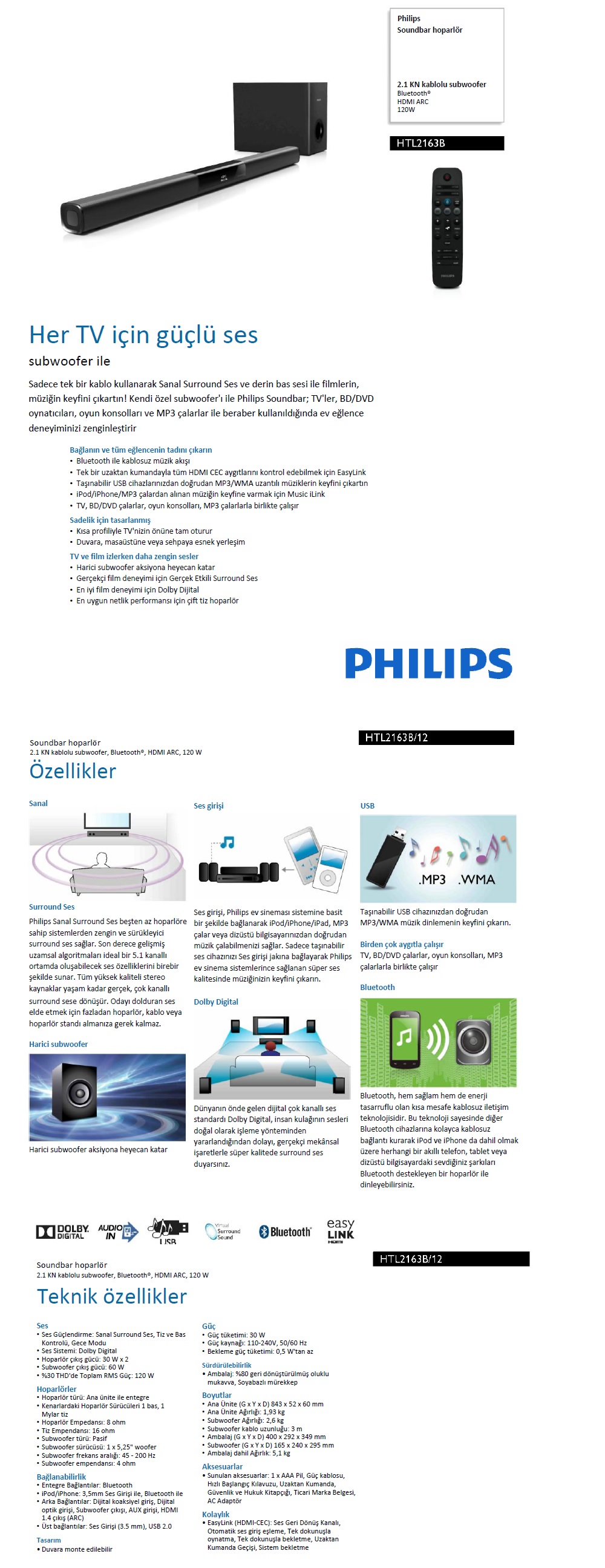  ..:: Philips HTL2163B 2.1 Bluetooth Soundbar Ev Sinema Sistemi ::..
