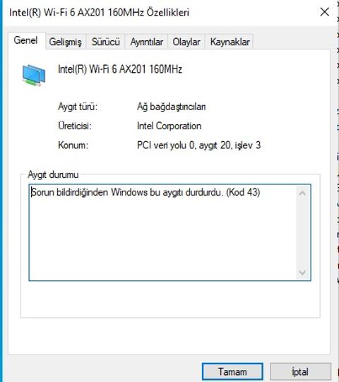Intel(R) Wi-Fi 6 AX201 160MHz Windows Bu Aygıtı Durdurdu (Kod 43) Hatası