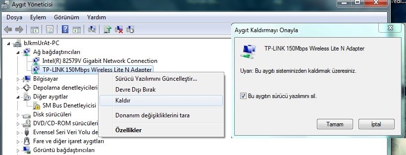  Laptopun wirelessin driverını nasıl silebilirim?