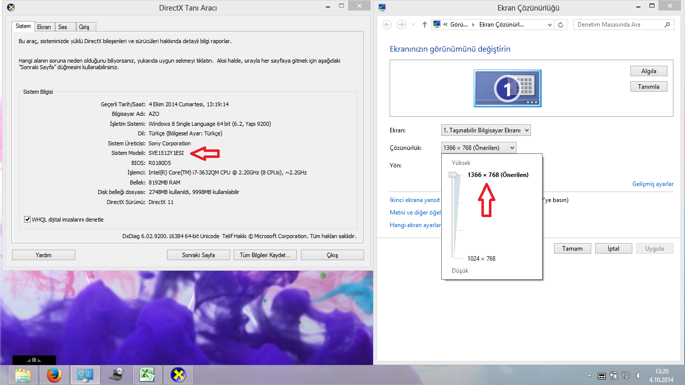  SONY 1920X1080 özelliği olan laptopta en fazla 1366x768 seçebiliyorum.(RESİMLİ)