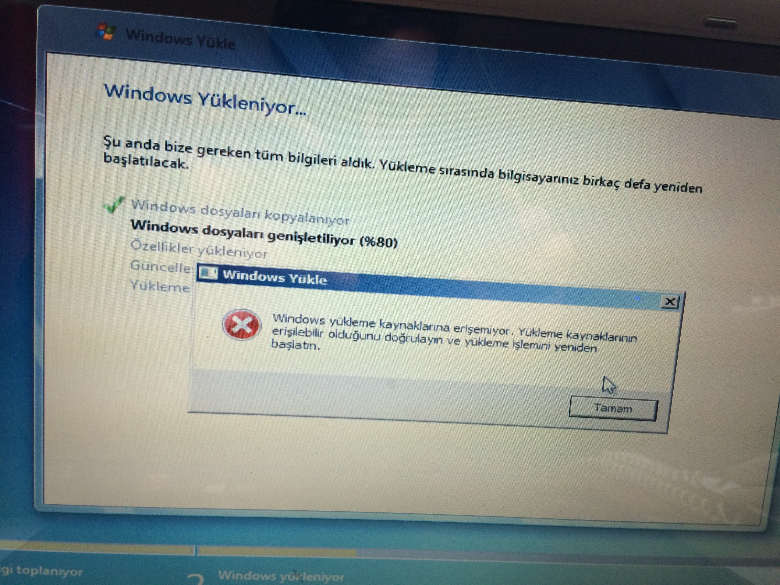  Format atarken 'Windows yükleme kaynaklarına erişemiyor' Sorunu... Lütfen yardım