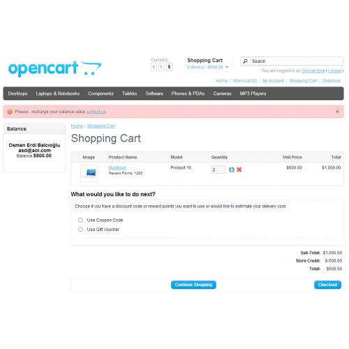  Opencart - Bakiye Yetersiz Mesajı - Bakiyeli E-Ticaret Siteleri için