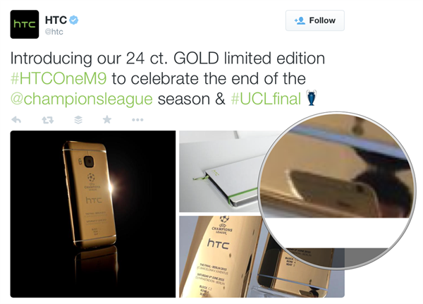 HTC'nin paylaştığı 24 karat altın M9 modeline ait fotoğrafların iPhone 6 ile çekildiği ortaya çıktı