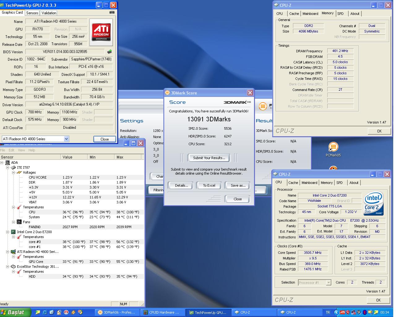 E6750 @ 3.6ghz & Sapphire HD4830 512MB 700/1200MHZ 3D MARK 2006 (9.4v ile)