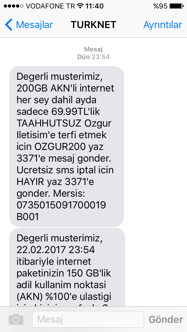  Türknet 69,99TL'ye 200GB