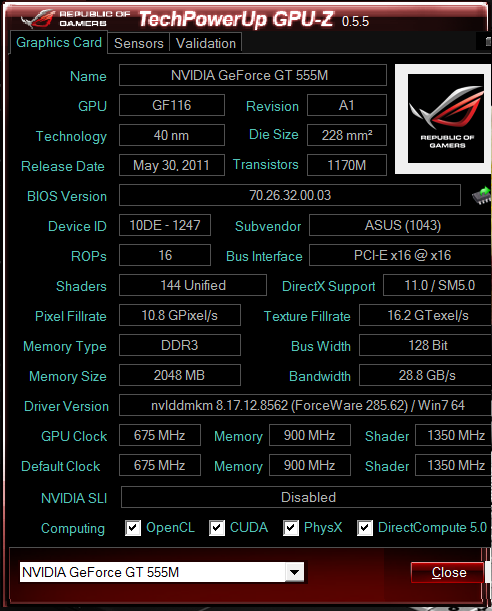  Asus N55SF (2GB nVidia GeForce GT 555M)