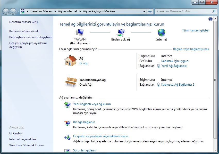  win 7'de kablolu bağlantıyı wi-fi ile paylaşma (programsız+programlı)