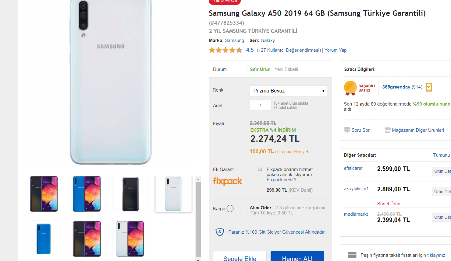 Samsung Galaxy A50 2019 64 GB (Samsung Türkiye Garantili) 2.274,24 TL Axes Chip para ile 2.174 TL