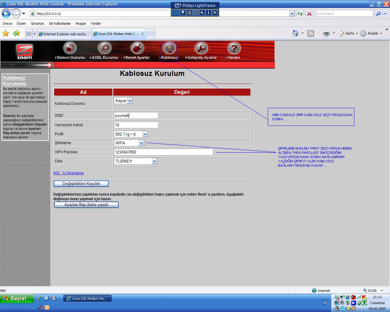  Zoom 6X ADSL Modemimin Wireless'ini Şifrelemek İstiyorum.