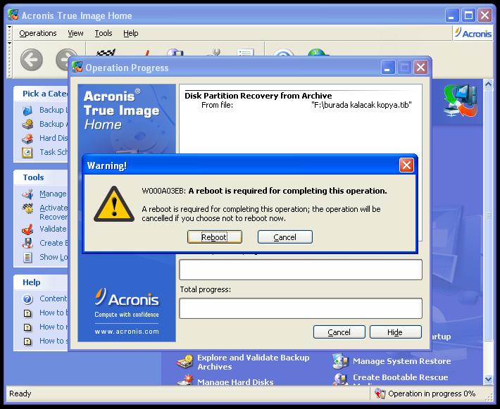  acronis true image v.10 yardım reboot hatası veriyor