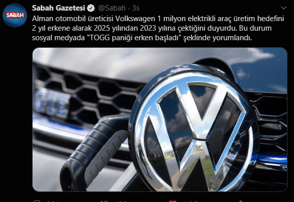 Sabah Gazetesi : "TOGG paniği erken başladı"