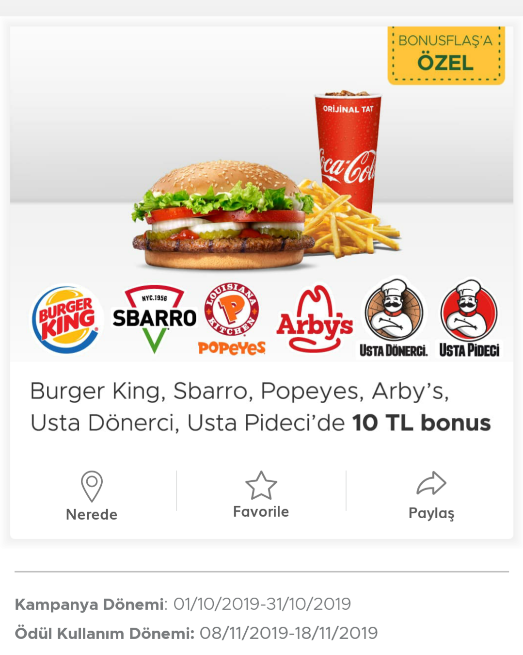 10 lira Bonus.Bonus üyesi Burger King, Sbarro, Popeyes, Arby’s, Usta ...