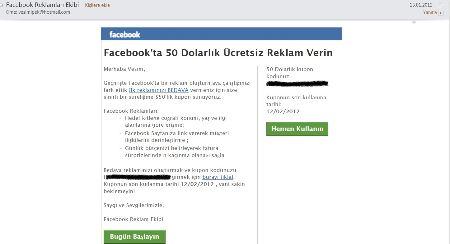  Facebook 50$ Reklam Kuponu