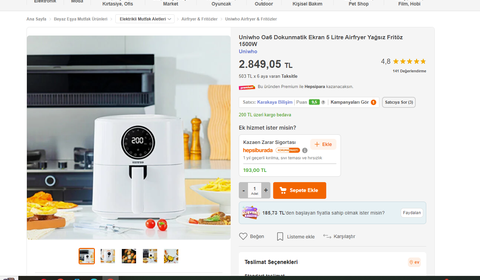 5 Litre AirFryer 835₺'ye Düştü YANIYOR