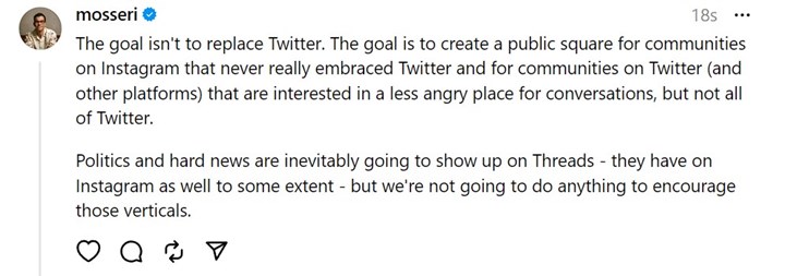 Twitter gibi değil: Threads, siyaset ve haberlerin olduğu bir yer olmayacak