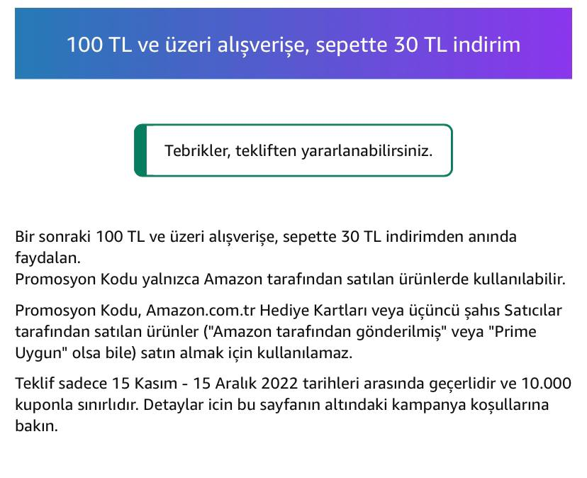 Amazon 100/30 indirim 15 Kasım - 15 Aralık 2022 Kişiye Özel