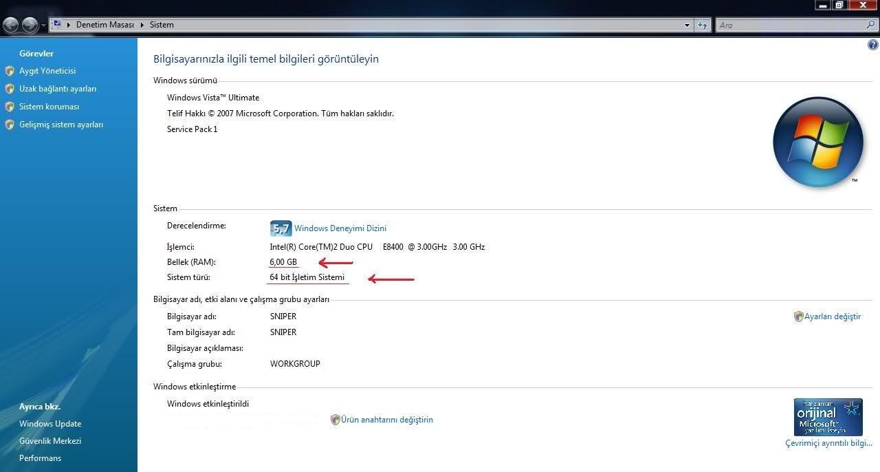  Vista 6 gb rami görmüyor