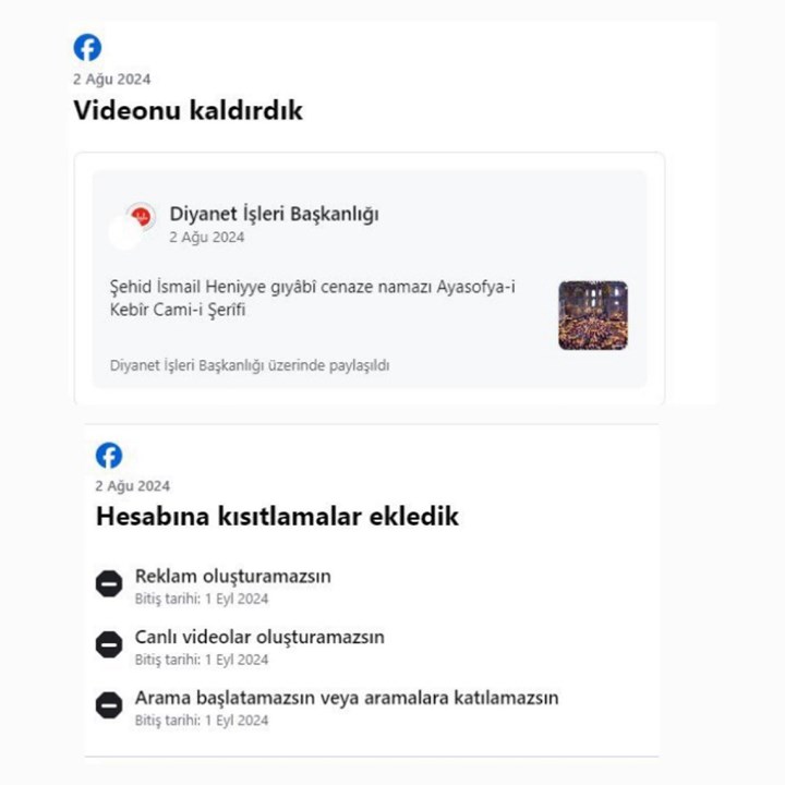 Facebook, Diyanet İşleri Başkanlığı'nın hesabını kısıtladı