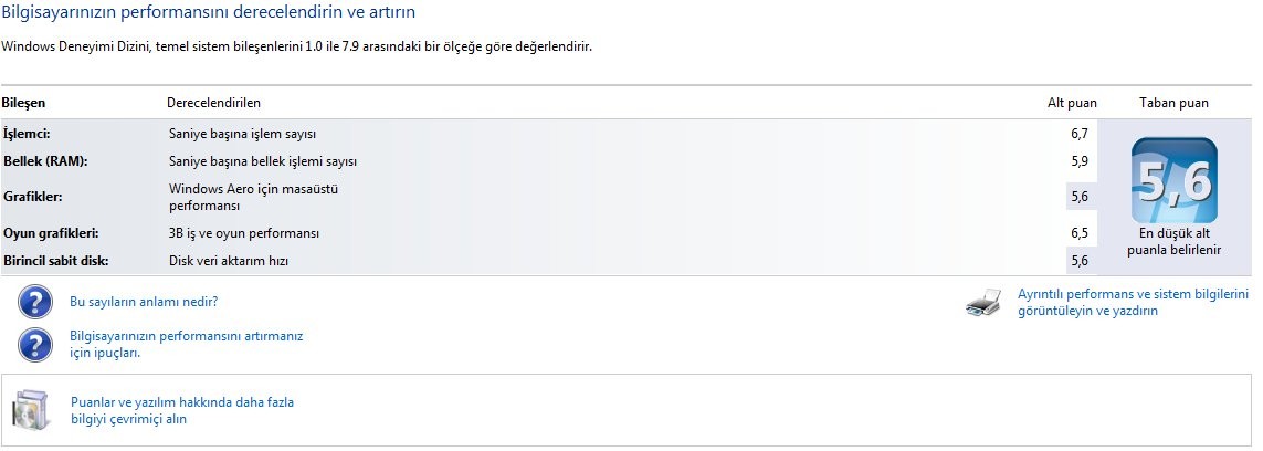  WİNDOWS 7 DE SİSTEMİNİZİN ALDIĞI PUAN KAÇ?