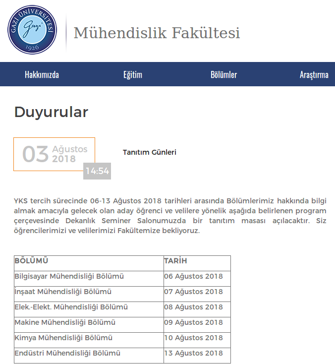 Üniversite Tanıtım Günleri : Gazi Üniversitesi (Mühendislik Fakültesi)