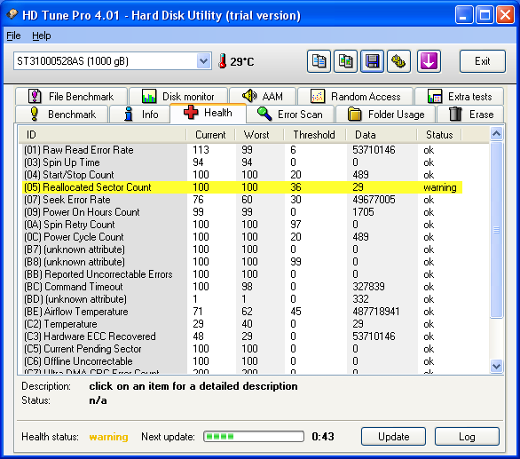  3.5'1TB SEAGATE ST3100528AS Reallocated Sector Count