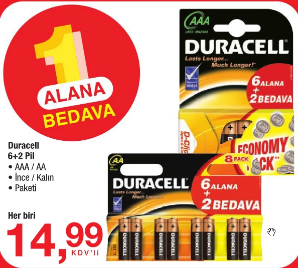  16 adet Duracell AA ya da AAA kalem pil 14,99 TL