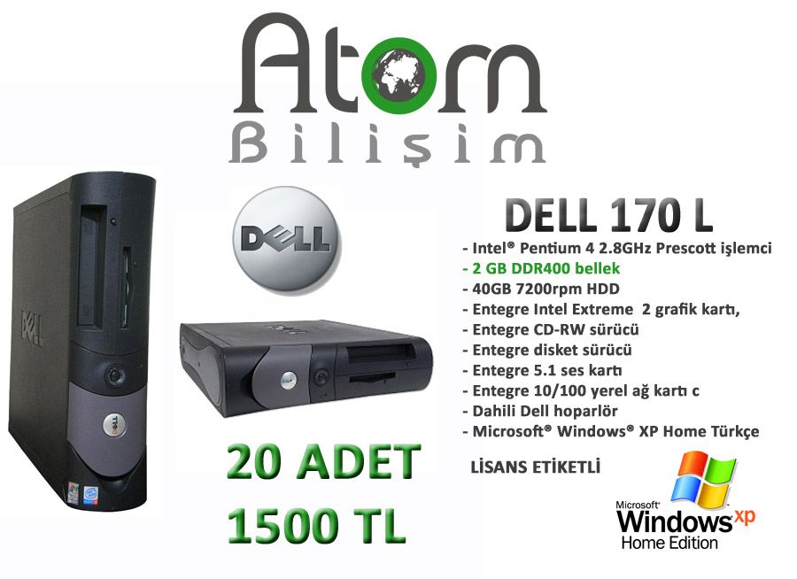  DELL 170 L XP LİSANSLI 2 GB RAM İKİNCİ EL BİLGİSAYAR 20 ADET 1500 TL