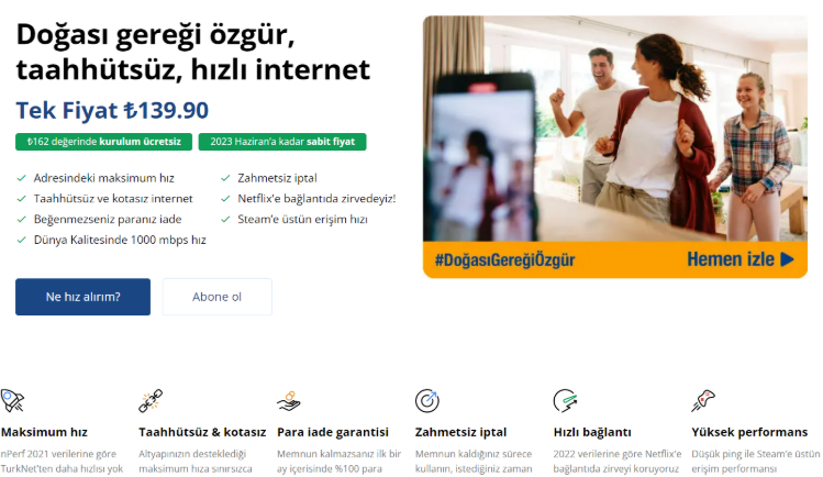 Türkiye'nin yüksek hızlı interneti TurkNet'te, maksimum hızda taahhütsüz sınırsız internet 139,90 TL